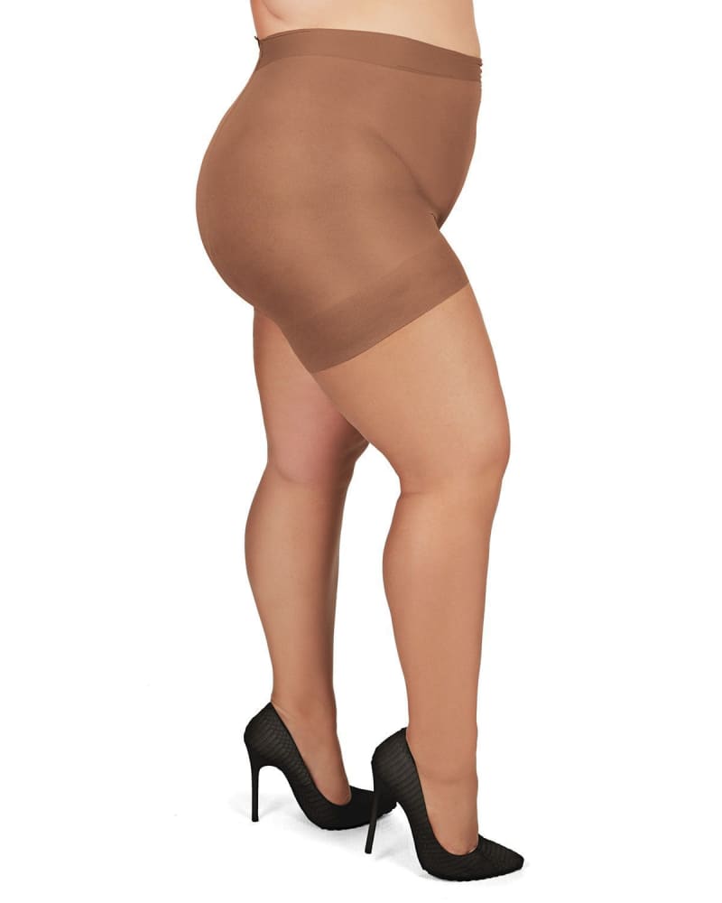 Side of a model wearing a size 3X-4X All Day Plus Size Curvy Sheer Control Top Pantyhose in Utopia by Memoi. | dia_product_style_image_id:299678